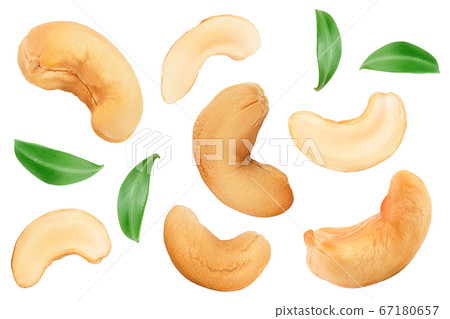 Roasted Cashew nuts isolated on white background. Top view. Flat lay 67180657