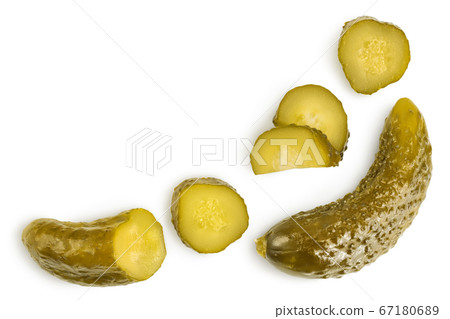 Marinated pickled cucumber isolated on white background with clipping path and full depth of field. Top view with copy space for your text . Flat lay Marinated pickled cucumber isolated on white background with clipping path and full depth of field. Top view with copy space for your text . Flat lay 67180689