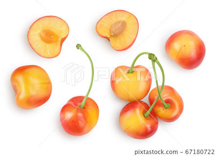 yellow-red sweet cherry isolated on white background with clipping path . Top view. Flat lay yellow-red sweet cherry isolated on white background with clipping path . Top view. Flat lay 67180722