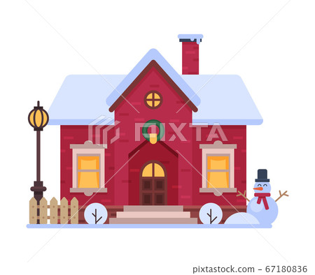 Cute Snowy House, Suburban Winter Cottage Building with Glowing Windows Vector Illustration Cute Snowy House, Suburban Winter Cottage Building with Glowing Windows Vector Illustration 67180836