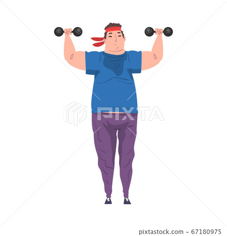 Young Overweight Man Doing Exercise with Dumbbells, Weight Loss Process, Fat Guy Getting Fit Cartoon Vector Illustration on White Background 67180975