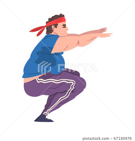 Young Overweight Man Doing Squats, Weight Loss Process, Fat Man Getting Fit Cartoon Vector Illustration on White Background 67180976