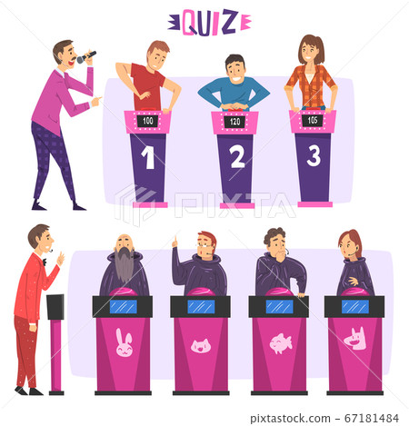 People Playing on Quiz Show Set, Participants Answering Questions on Television Conundrum Game, Presenter Asking Questions Cartoon Style Vector Illustration People Playing on Quiz Show Set, Participants Answering Questions on Television Conundrum Game, Presenter Asking Questions Cartoon Style Vector Illustration 67181484