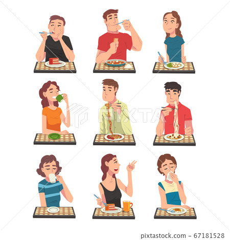 People Eating Different Meals Set, Men and Women Sitting at Tables Enjoying Eating of Delicious Food Vector Illustration People Eating Different Meals Set, Men and Women Sitting at Tables Enjoying Eating of Delicious Food Vector Illustration 67181528