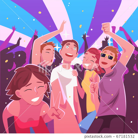 Happy Young Men and Women Having Fun and Dancing at Nightclub, Party or Music Festival Vector Illustration Happy Young Men and Women Having Fun and Dancing at Nightclub, Party or Music Festival Vector Illustration 67181532