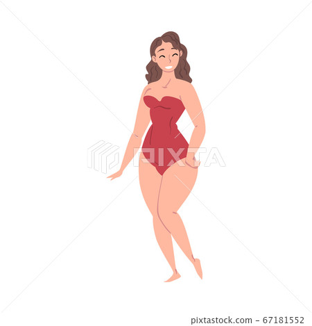 Plus Size Woman in Red Swimsuit, Hourglass Female Figure Type Cartoon Style Vector Illustration on White Background Plus Size Woman in Red Swimsuit, Hourglass Female Figure Type Cartoon Style Vector Illustration on White Background 67181552