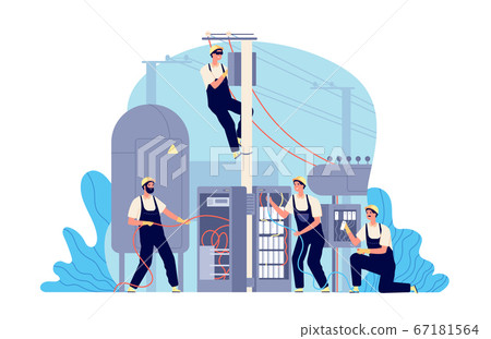 Electricity energy maintenance. Technician electric work, generator transformer service engineer. Man repairs box power vector illustration Electricity energy maintenance. Technician electric work, generator transformer service engineer. Man repairs box power vector illustration 67181564
