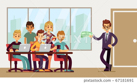 Team found investor. Businessman invests young professionals. New startup, man and group of student developers at office vector illustration 67181691