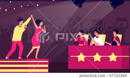 Talent show. Tv stage artist, music contest. Television singers competition and jury. Guy girl on scene, vocal success vector illustration 67181888