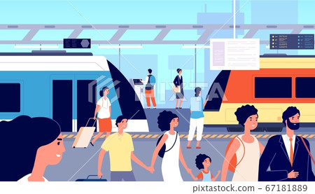 Railway station. Trains transport, city tourism and traveller. Crowd with suitcases on commuter train or subway platform vector illustration 67181889