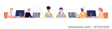 Hotline service. Customer support team, call center business office operators in headset. Multicultural staff helpdesk vector illustration 67181916
