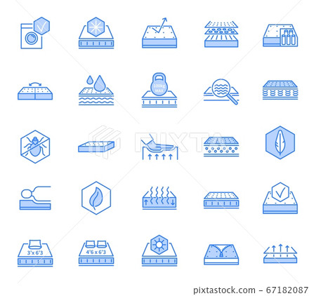 Orthopedic mattress icons. Memory foam, natural bedding line symbols. Breathable, latex and washable soft orthopedic outline beds vector set 67182087