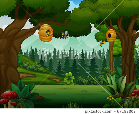 Nature scene with bees flying around beehive 67182802