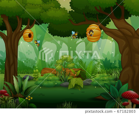 A forest with bees flying around the beehive 67182803