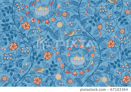 Vintage flowers and birds seamless pattern on blue background. Vector illustration. 67183364