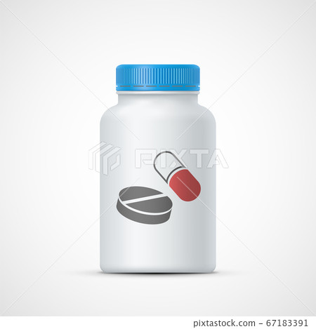 White plastic bottle with vitamins and pills. White plastic bottle with vitamins and pills. 67183391