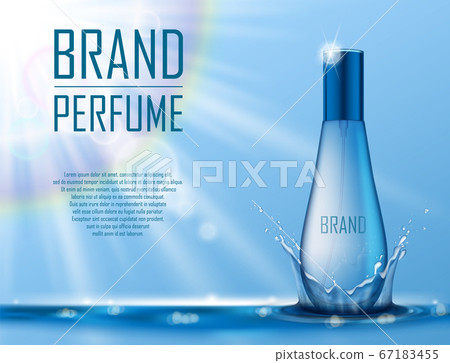 Cosmetic products ad. Realistic perfume container on blue water background with drops and water splash for your brand. Transparent perfume bottle template. Vector 3d illustration 67183455