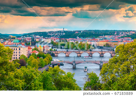 Picturesque cityscape panorama with bridges and river, Prague, Czech Republic 67183889
