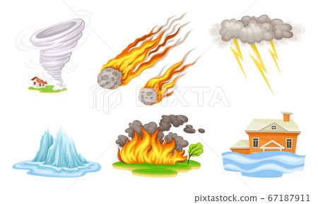 Natural Cataclysms with Fire Accident and Tornado Vector Illustrations Set 67187911