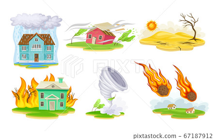 Natural Cataclysms with Drought and Tornado Vector Illustrations Set 67187912