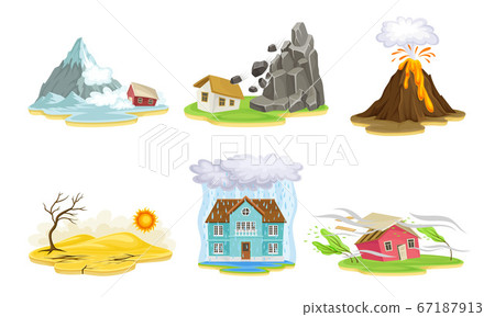 Natural Cataclysms with Drought and Volcanic Eruption Vector Illustrations Set Natural Cataclysms with Drought and Volcanic Eruption Vector Illustrations Set 67187913