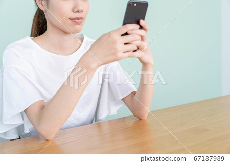 一個女人在智能手機上在線購物 一個女人在智能手機上在線購物 67187989