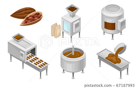 Conveyer Belt with Chocolate Sweets Rested on It and Cocoa Beans as Main Ingredient Vector Set Conveyer Belt with Chocolate Sweets Rested on It and Cocoa Beans as Main Ingredient Vector Set 67187993