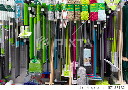 MINSK, BELARUS - April 01, 2020: hardware store with cleaning products, including cleaning products 67188182