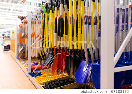 MINSK, BELARUS - April 01, 2020: garden shop with a selection of equipment for grooming flowers MINSK, BELARUS - April 01, 2020: garden shop with a selection of equipment for grooming flowers 67188183