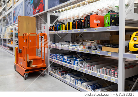 MINSK, BELARUS - April 01, 2020: various hardware store with a large selection of welding machines MINSK, BELARUS - April 01, 2020: various hardware store with a large selection of welding machines 67188325
