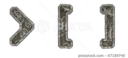 Mechanical alphabet made from rivet metal with gears on white background. Set of symbols left and right square bracket, right angle bracket. 3D Mechanical alphabet made from rivet metal with gears on white background. Set of symbols left and right square bracket, right angle bracket. 3D 67189740