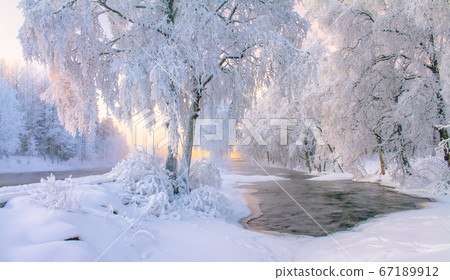 pajakka river from Kuhmo, Finland. Winter landscape 67189912