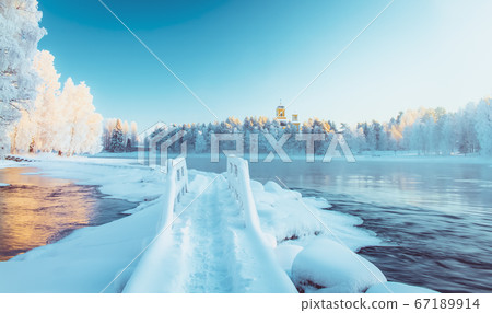 pajakka river from Kuhmo, Finland. Winter landscape 67189914