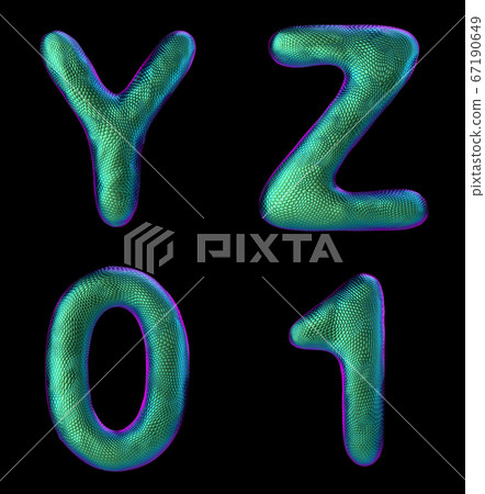 Letters set Y, Z, 0, 1 made of realistic 3d render natural green snake skin texture. 67190649