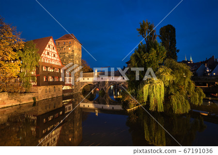 Nuremberg city houses on riverside of Pegnitz river. Nuremberg, Franconia, Bavaria, Germany 67191036