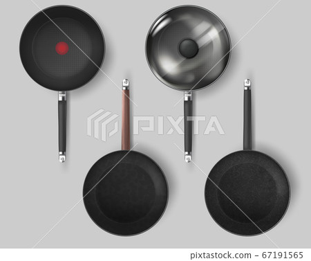 Realistic Classic fry pan with glass lid and handle. Vector 67191565