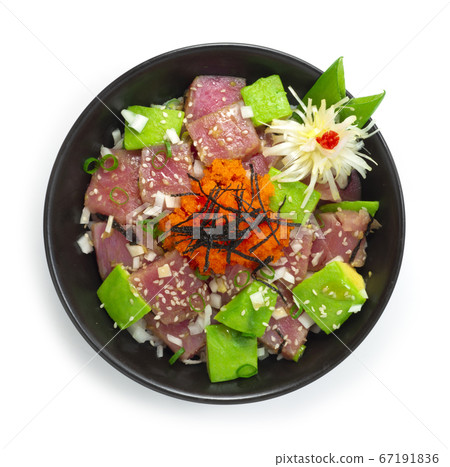 Tuna Poke Bowl with Avocado ontop Ebiko Tuna Poke Bowl with Avocado ontop Ebiko 67191836