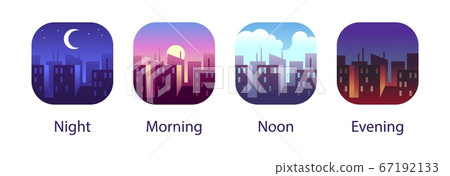 Different times of day. Night, morning, noon and evening in city landscape. Buildings and skyscrapers urban concept. Background for app icons flat vector illustration Different times of day. Night, morning, noon and evening in city landscape. Buildings and skyscrapers urban concept. Background for app icons flat vector illustration 67192133