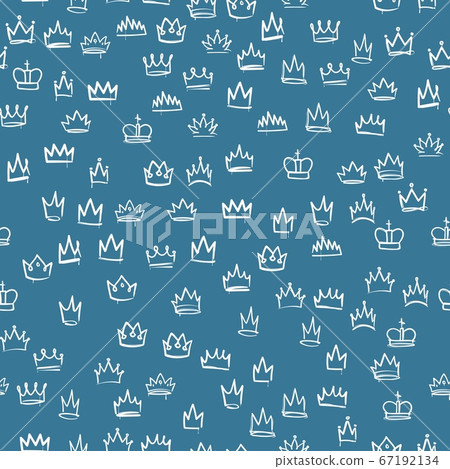 Crowns seamless pattern. Hand drawn texture with sketches of the royal crown, majestic tiara, beautiful diadem, royal imperial coronation symbols on blue. Vector isolated elements Crowns seamless pattern. Hand drawn texture with sketches of the royal crown, majestic tiara, beautiful diadem, royal imperial coronation symbols on blue. Vector isolated elements 67192134