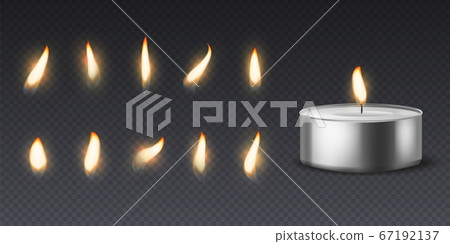 Tea wax candle with flame. Realistic burning 3d candles light and varios flames for animation picture, vector set isolated on black background Tea wax candle with flame. Realistic burning 3d candles light and varios flames for animation picture, vector set isolated on black background 67192137
