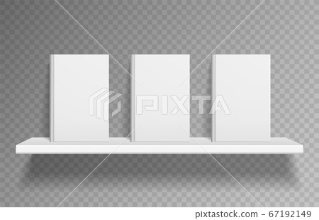 Bookshelf mockup. Realistic books on white shelf with shadow on book store. Empty paperback of textbook for bookstore or library, vector template isolated on transparent background 67192149