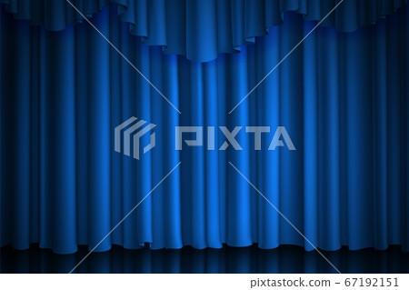 Blue curtain. Theater, cinema or scene drape luxury silk or velvet stage background with spot of illumination, vector realistic fabric drapes Blue curtain. Theater, cinema or scene drape luxury silk or velvet stage background with spot of illumination, vector realistic fabric drapes 67192151