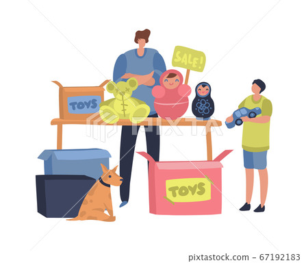 Flea market concept. Man and child sell clothing, toys and vintage goods. Garage sale, second hand shop, retail business outdoors. Flat cartoon isolated concept 67192183