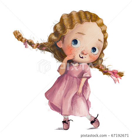 cute little watercolor girl in pink dress - Stock Illustration ...