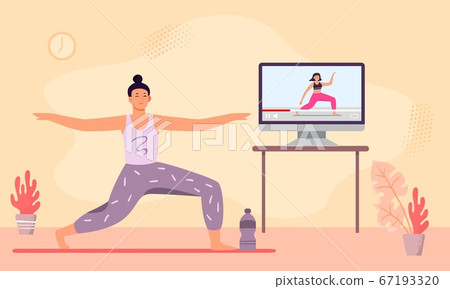 Online yoga class. Woman meditation and do fitness Online yoga class. Woman meditation and do fitness 67193320