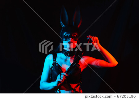 portrait of sexy girl dominatrix masked Bunny in leather harness with whip portrait of sexy girl dominatrix masked Bunny in leather harness with whip 67203190