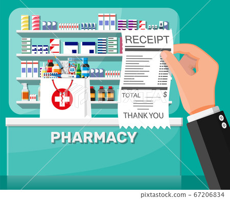 Medicine collection on shelves, hand with receipt. Medicine collection on shelves, hand with receipt. 67206834