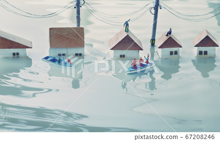 Diorama of flooded towns and people seeking help 67208246
