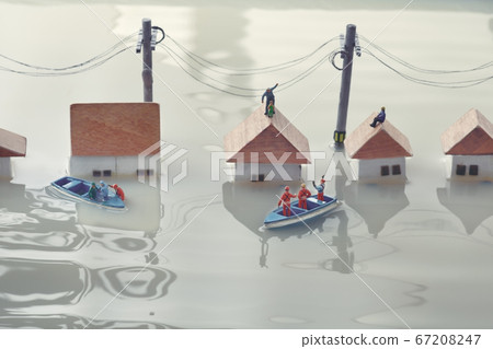 Diorama of flooded towns and people seeking help 67208247