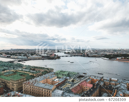 Aerial photo of the Neva river, the center of St. Petersburg, roofs, river boat7. Russia 67208309